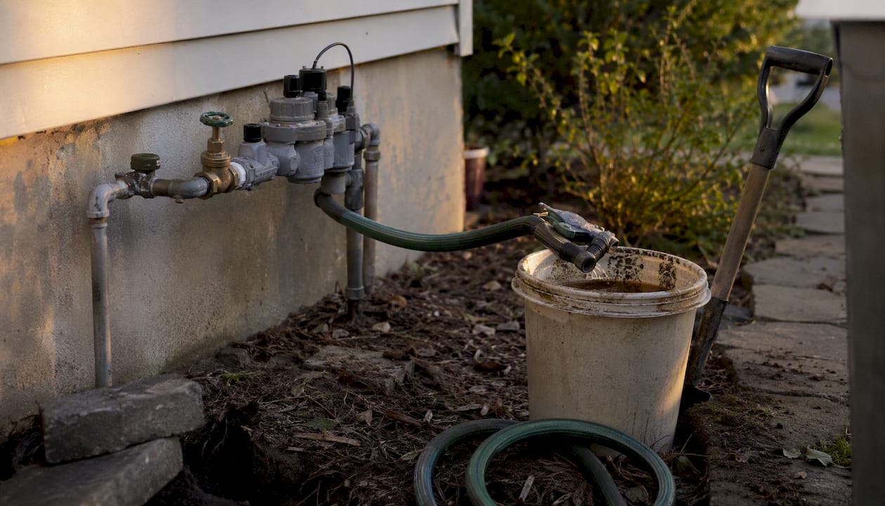 Garden hose submerged in fertilizer bucket near irrigation valve