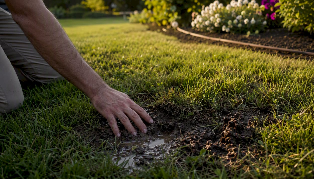Hand pointing at damp spot in yard