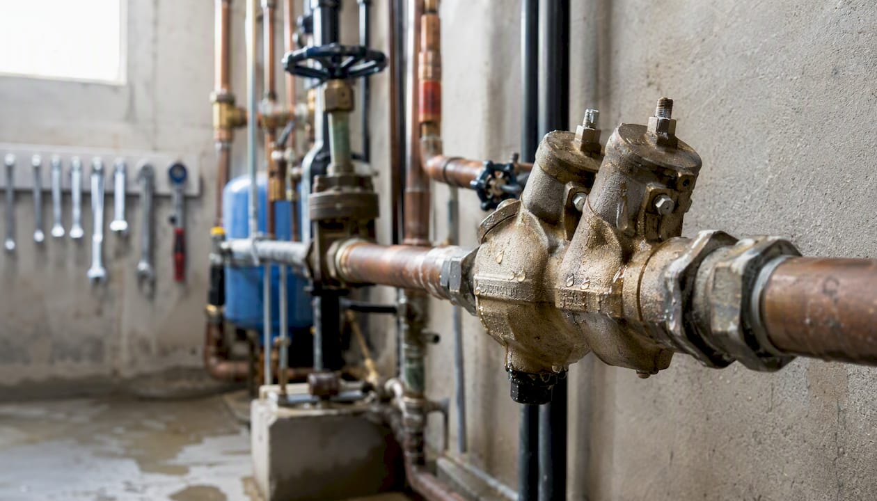 Corroded backflow preventer valve in mechanical room
