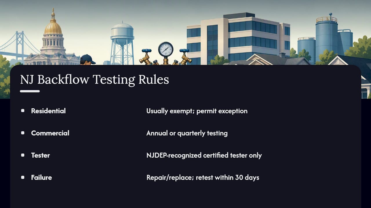 Diagram of NJ backflow testing rules and timelines