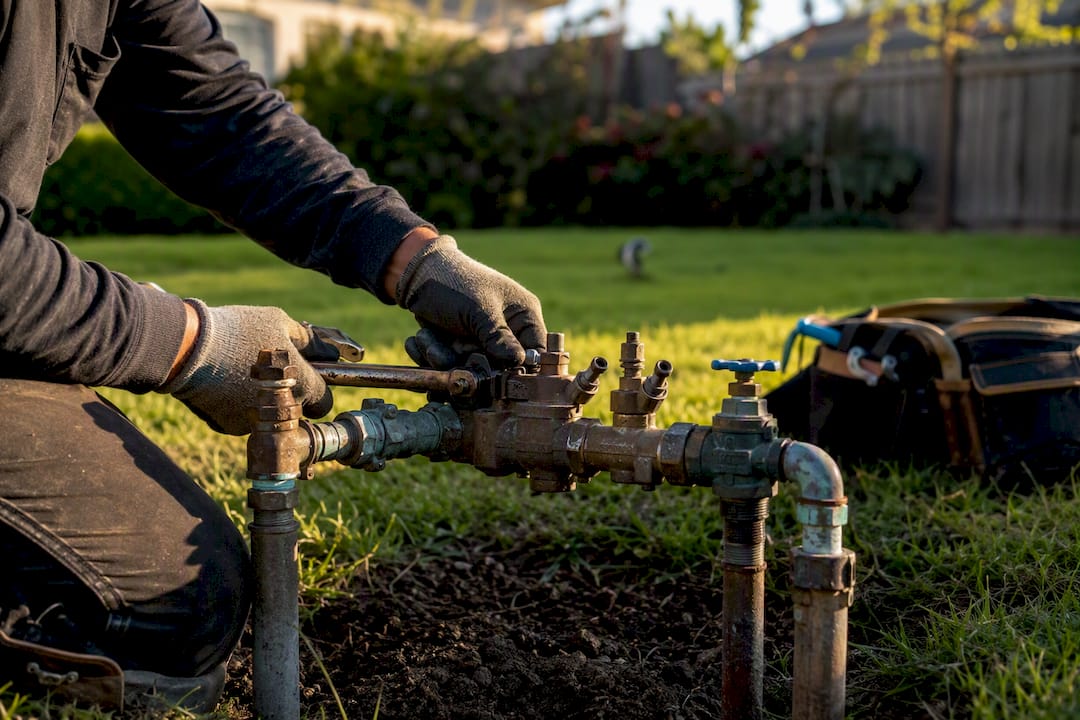 Plumber hands tightening pipes during backflow installation