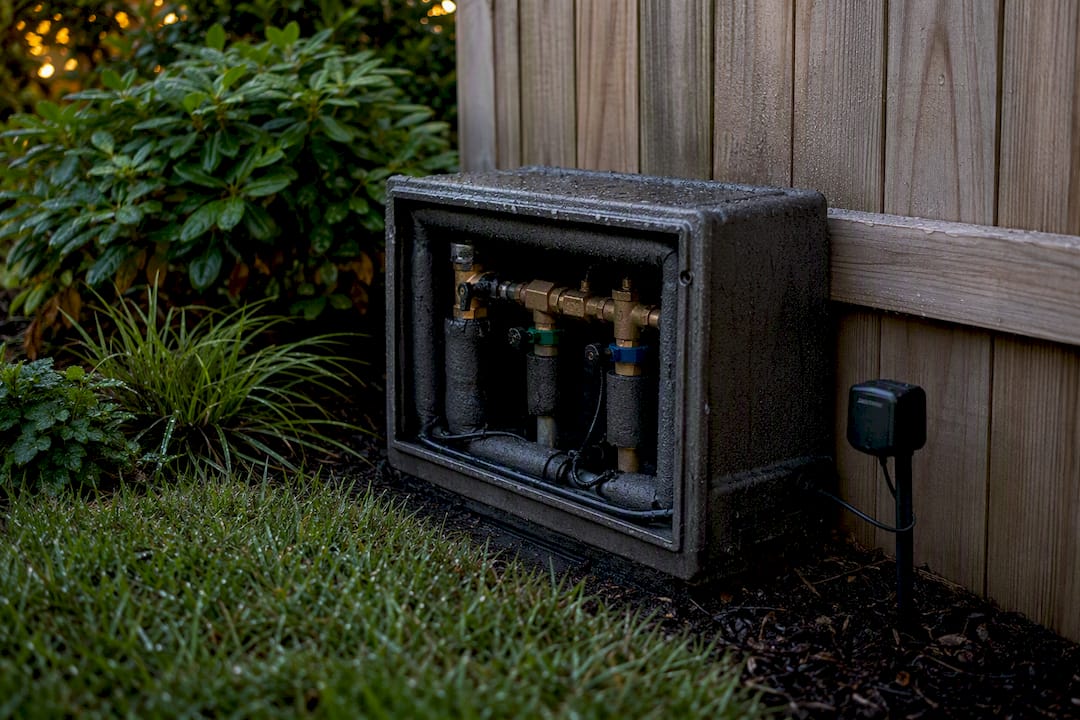 Heat cable wrapped around backflow pipes in enclosure