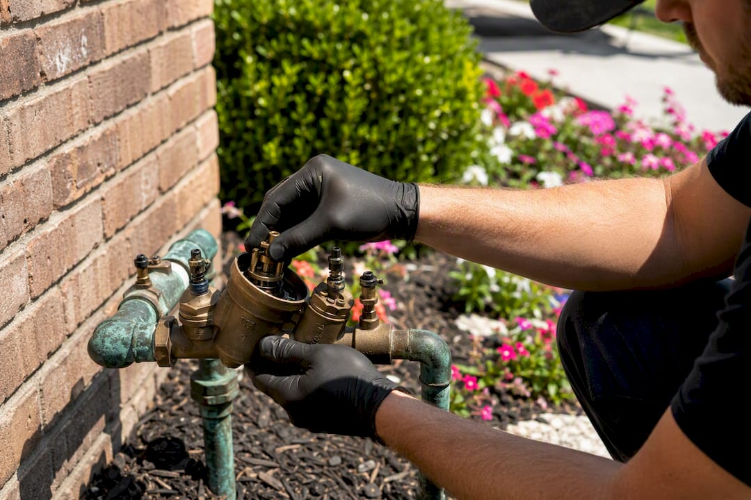 Plumber hands inspecting backflow preventer internals
