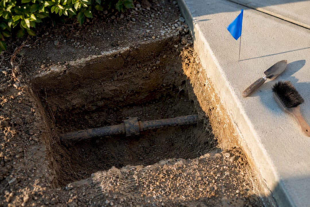 Excavation revealing an unmarked irrigation line