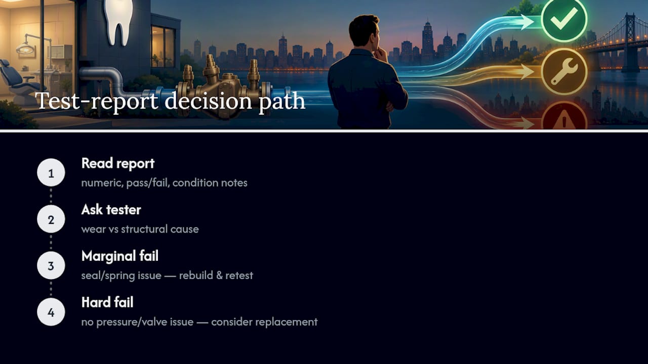 Backflow test report repair decision path