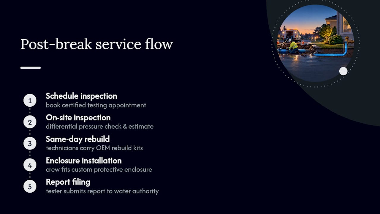 Post-break service calls typically involve direct scheduling, fast response, statewide coverage, and stocked OEM parts allowing for rebuilds often on the first visit instead of a second appointment. IMAGE:ctaimage — overview diagram