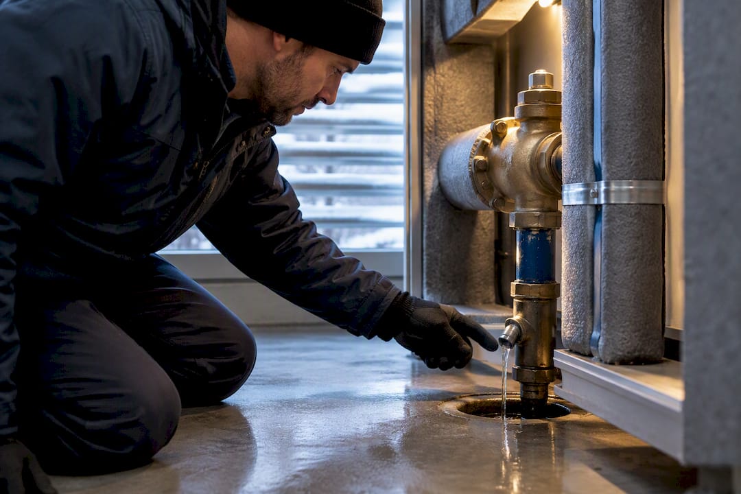 Worker checking backflow relief valve protection