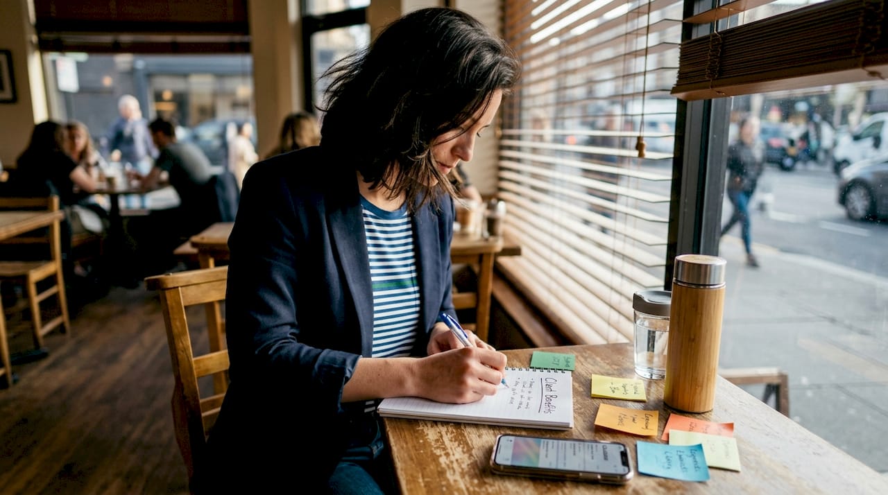 Consultant listing client business benefits at café