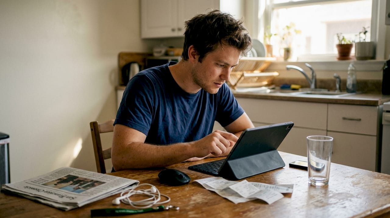 Freelancer using CRM tool at kitchen table