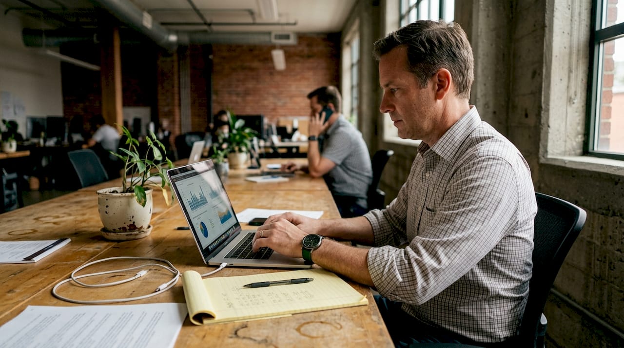 Freelancer reviewing sales metrics at coworking desk