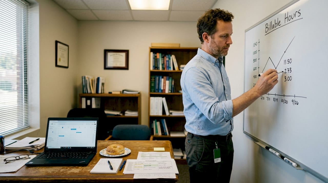 Consultant calculates billable hours at whiteboard