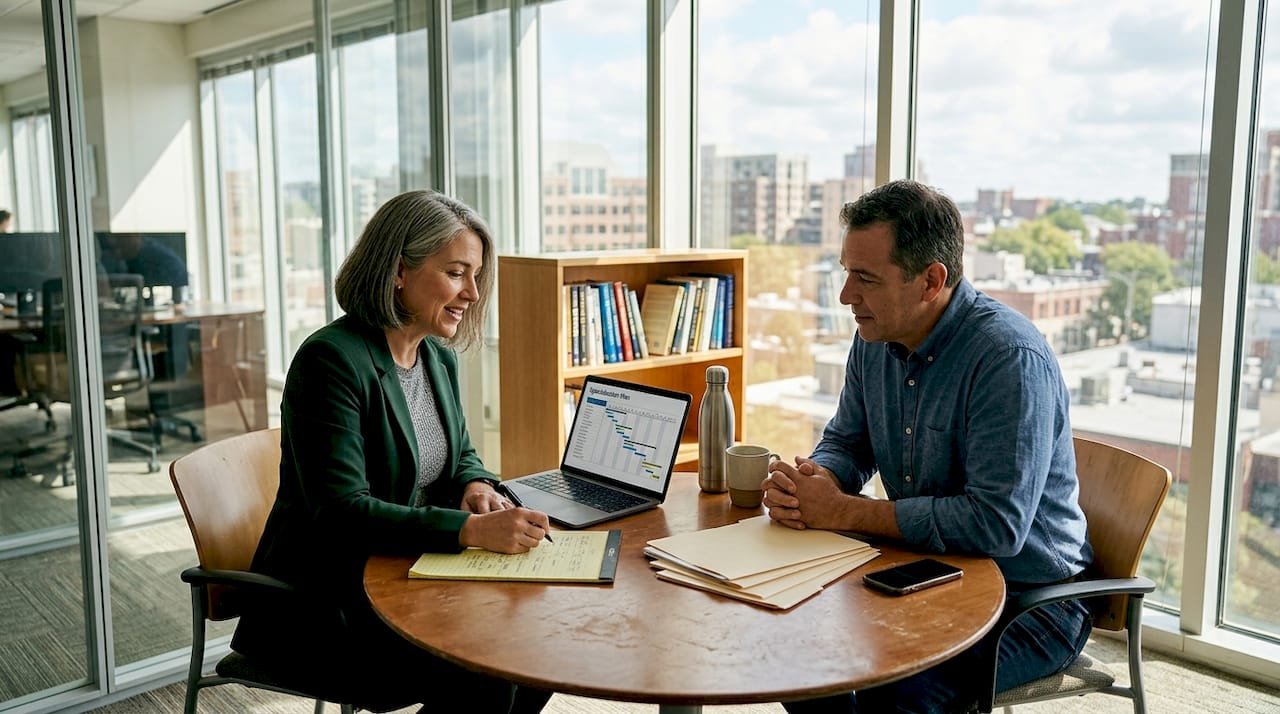 Consultant planning with client in office