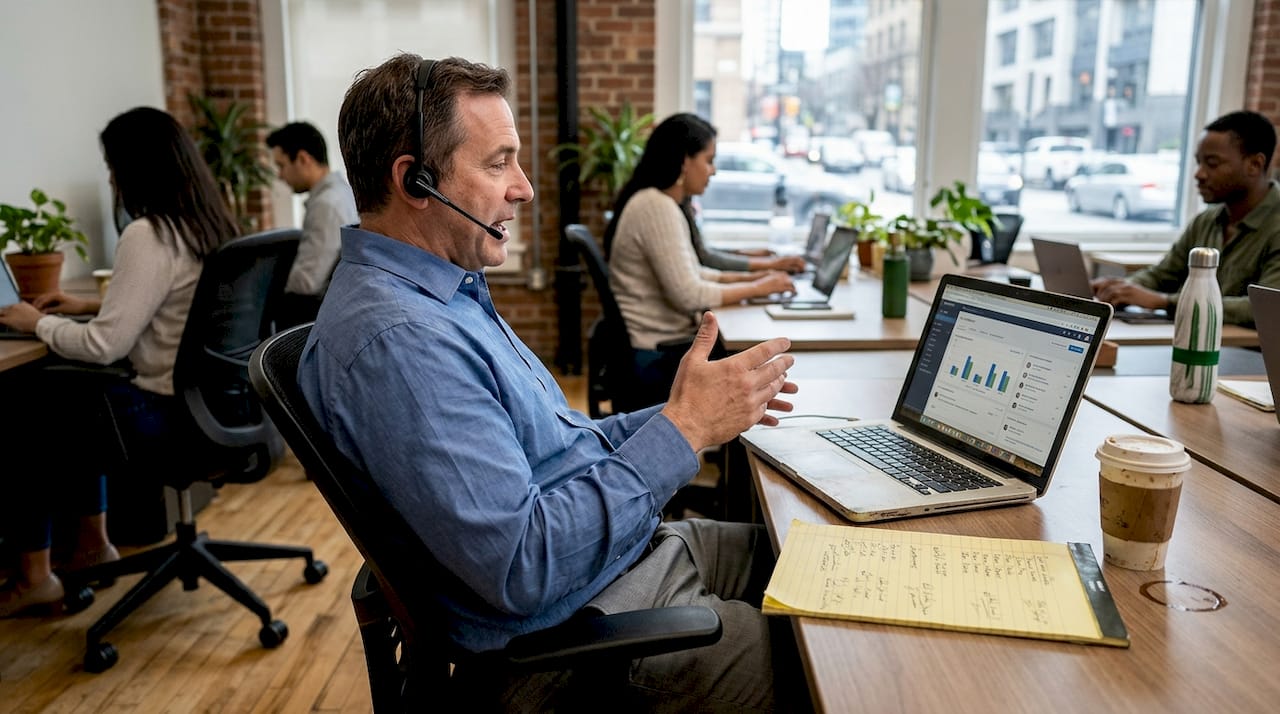 Consultant tracking leads during client call