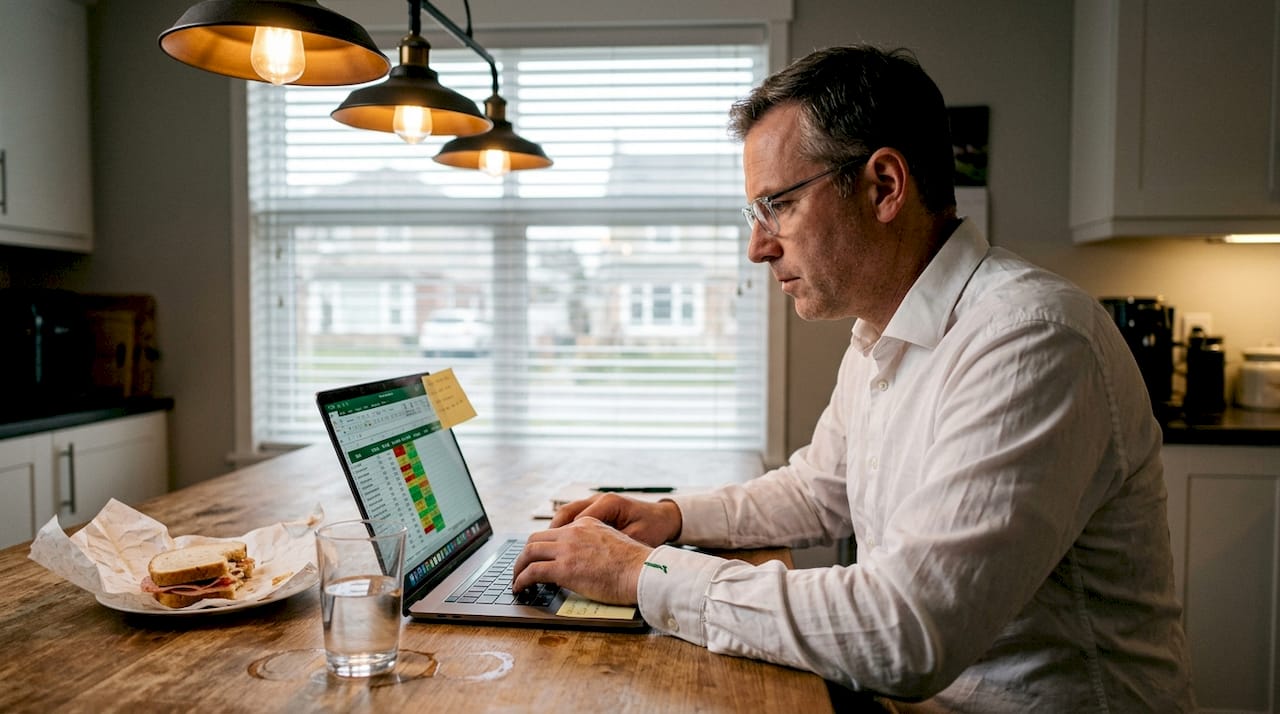 Consultant analyzing revenue pipeline metrics at kitchen table