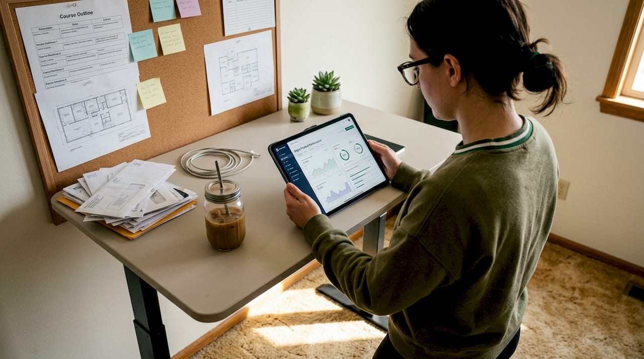 Freelancer reviewing digital product dashboard at home