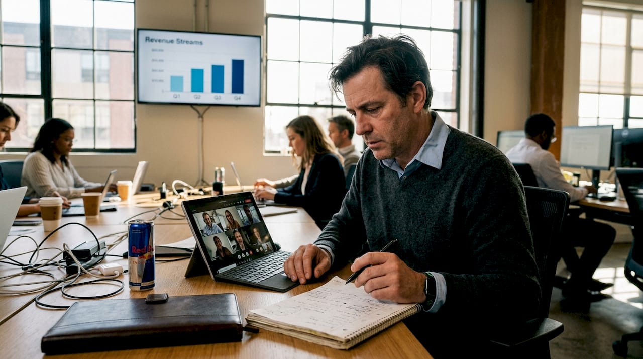 Consultant multitasking at coworking space desk