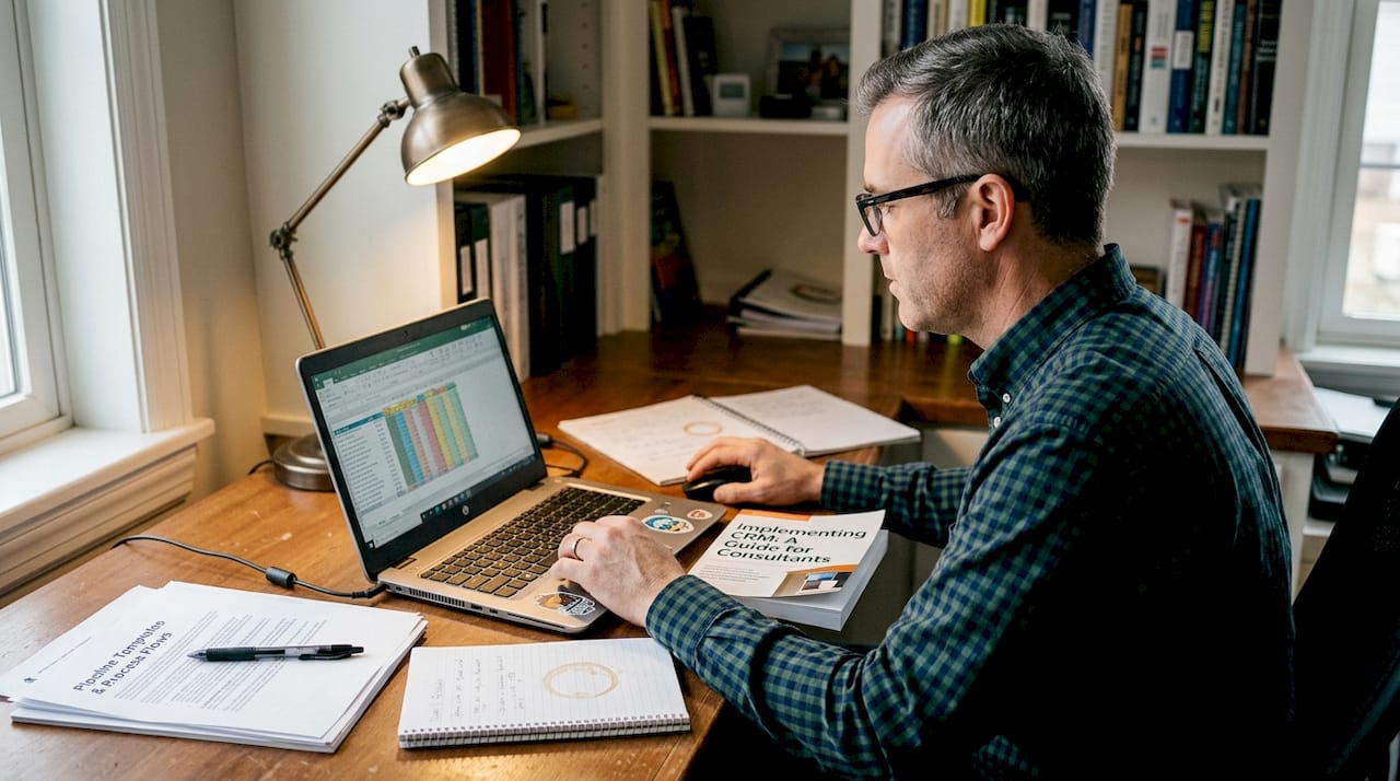 Consultant organizing pipeline tools at desk