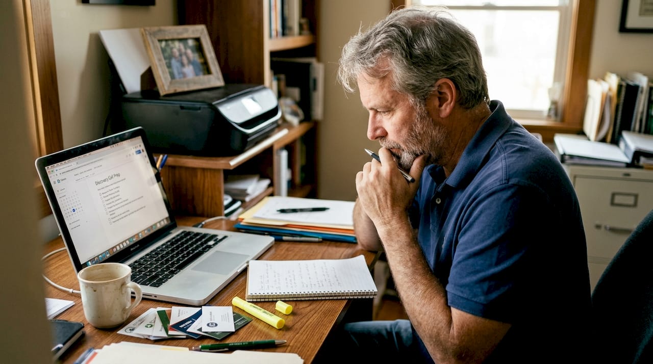 Man prepping discovery call reviewing notes