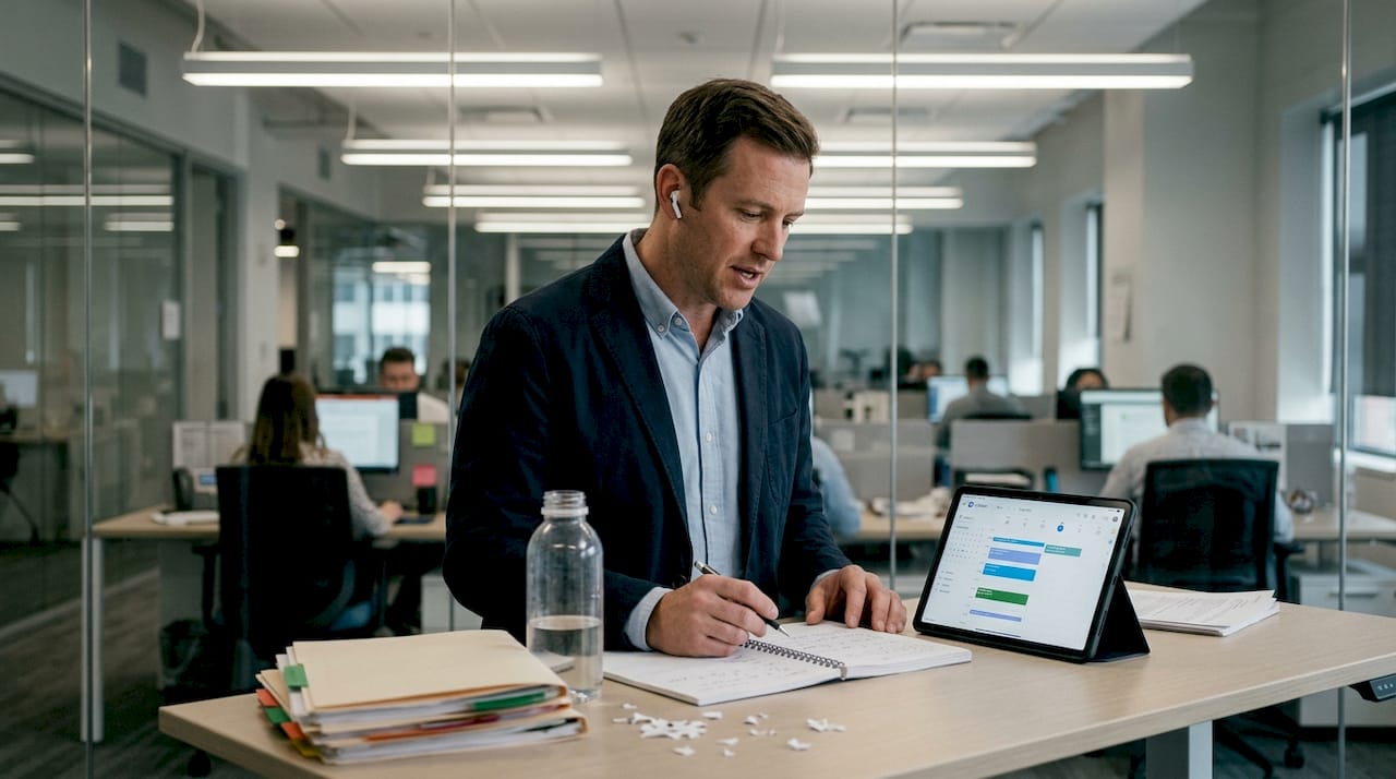 Professional on sales call with notes in office