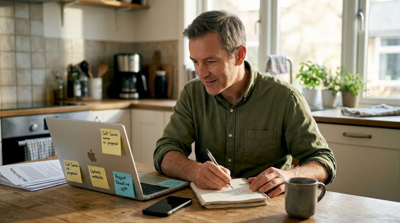 Freelancer mapping ideal client profile at kitchen table