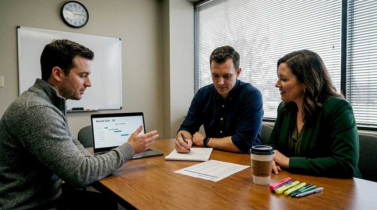 Team reviewing sales call notes together