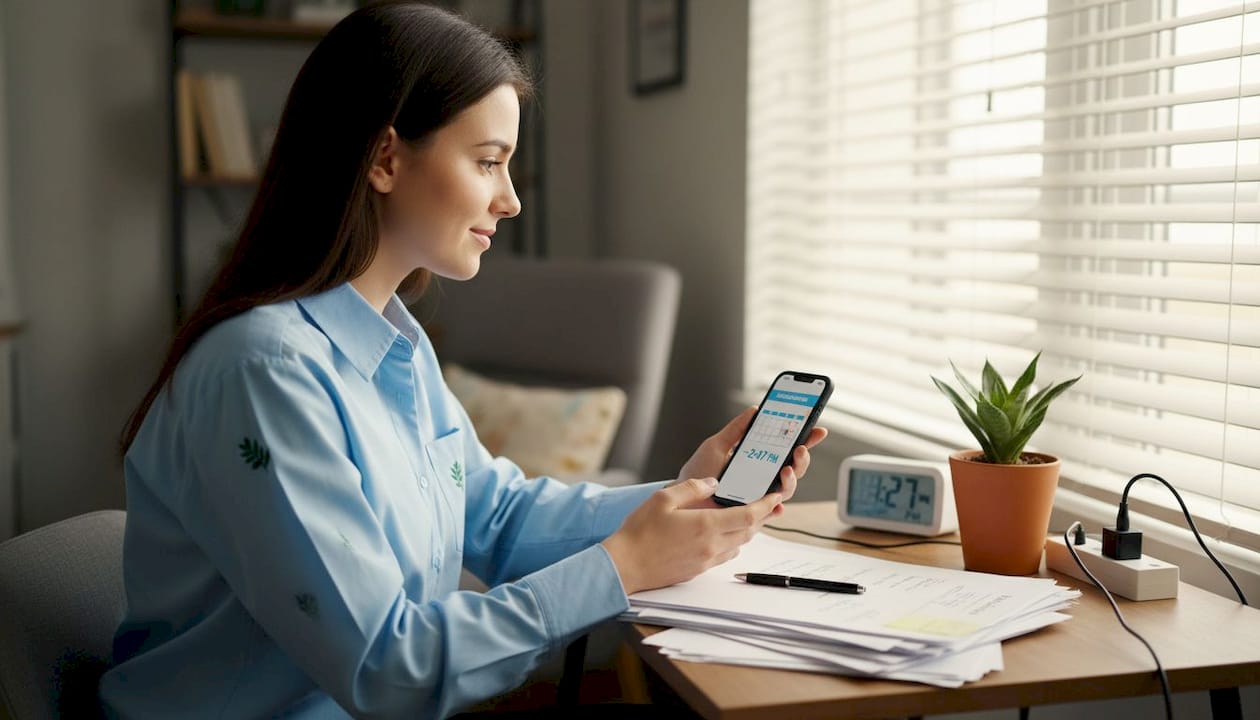 Professional checks follow-up reminder at home office desk