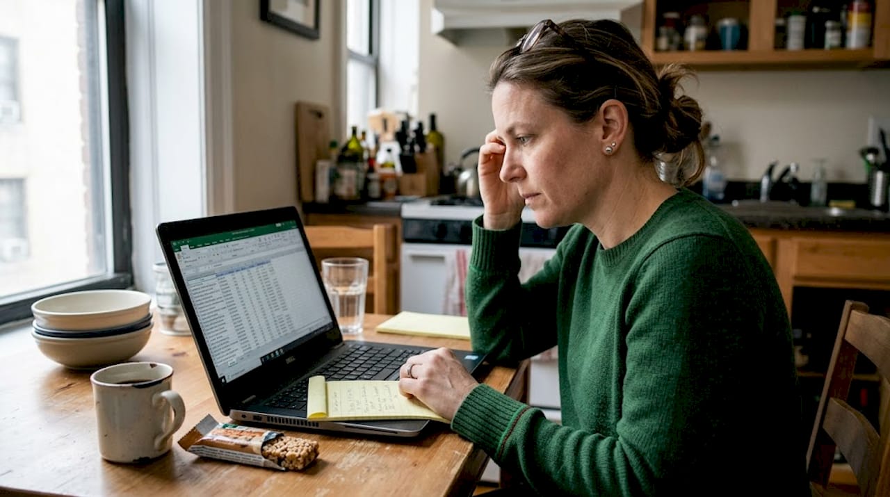 Consultant reviewing client pipeline at kitchen table