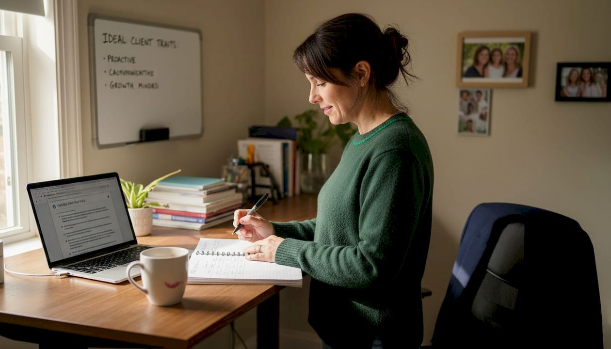 Consultant reviewing client trait notes standing