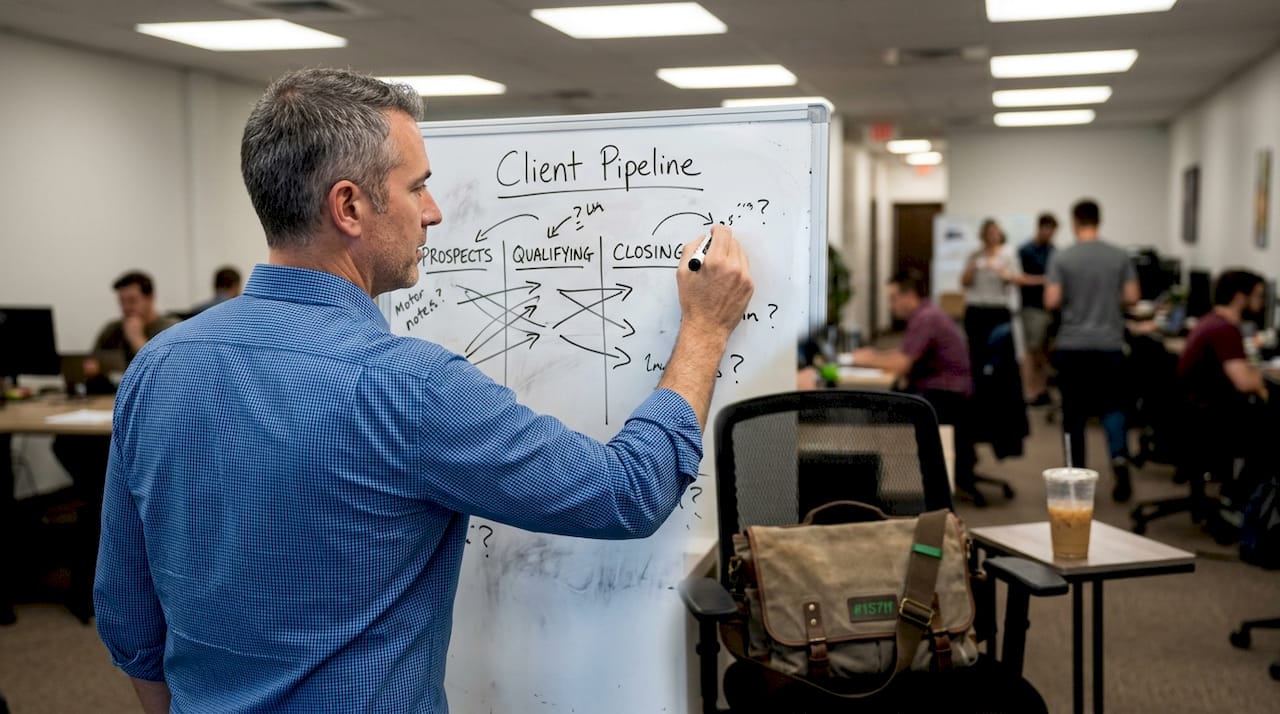 Man planning client pipeline on whiteboard