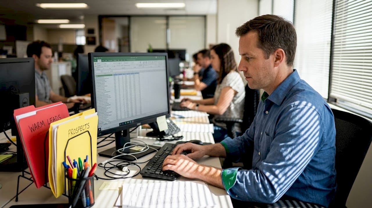 Executive prospecting for client leads at desk