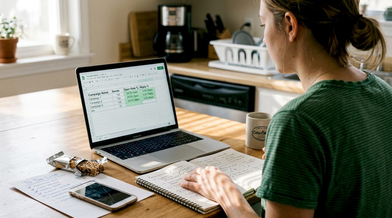 Freelancer tracking cold email results at kitchen table