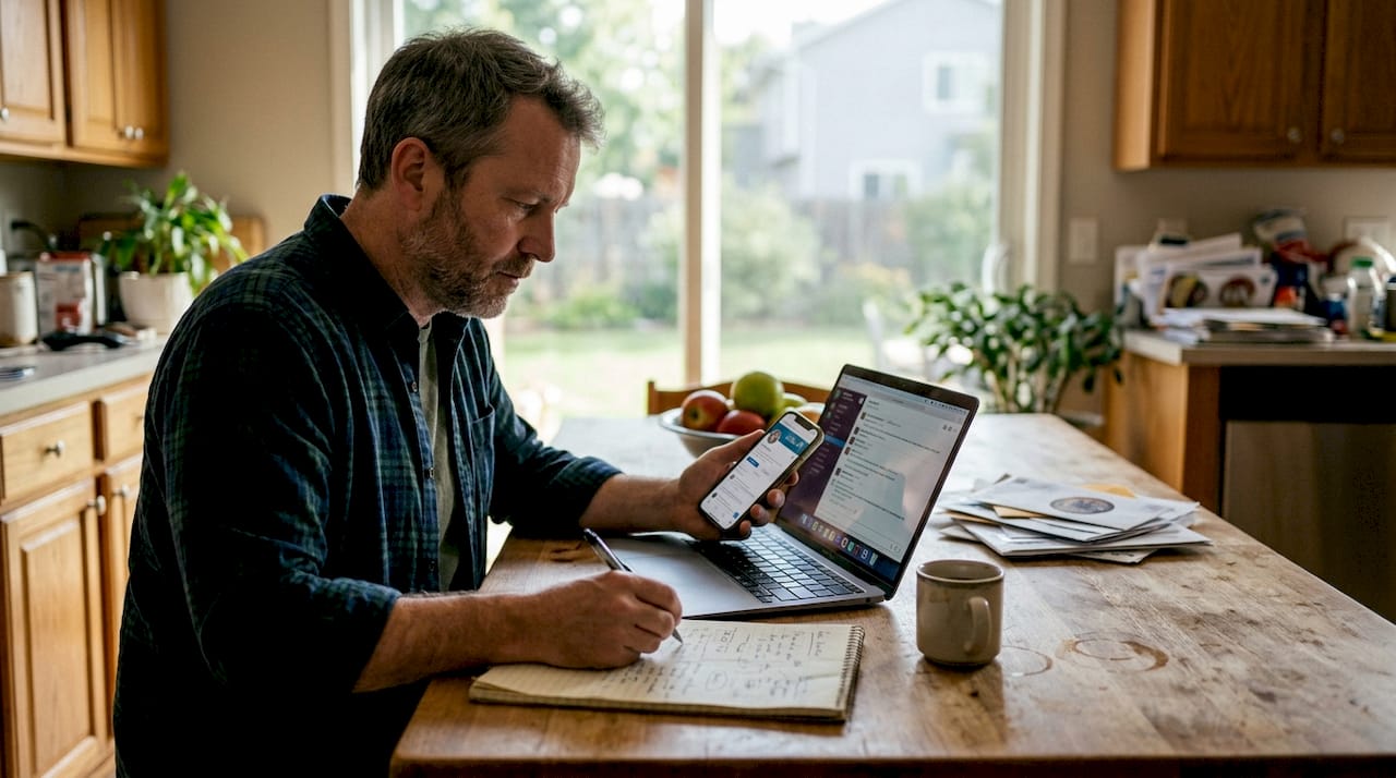 Professional multitasking across sales channels at kitchen table