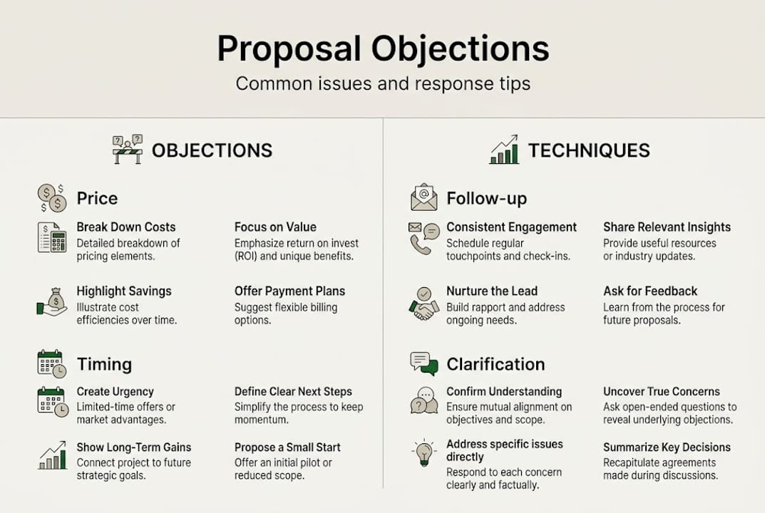 Infographic showing proposal objections and tips