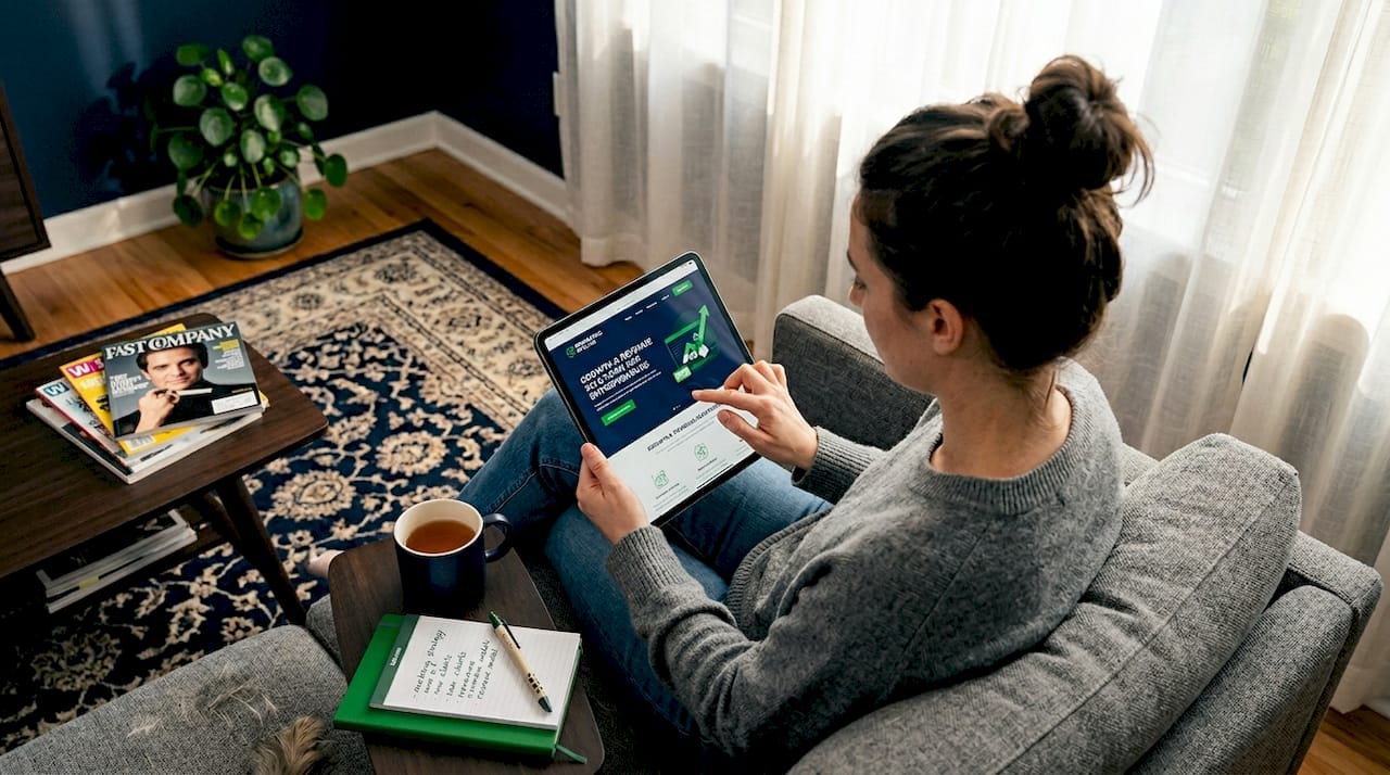 Woman reads testimonials on tablet at home