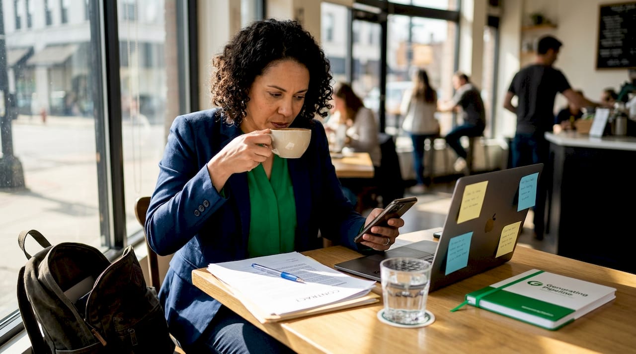 Consultant reviewing recurring revenue paperwork in café