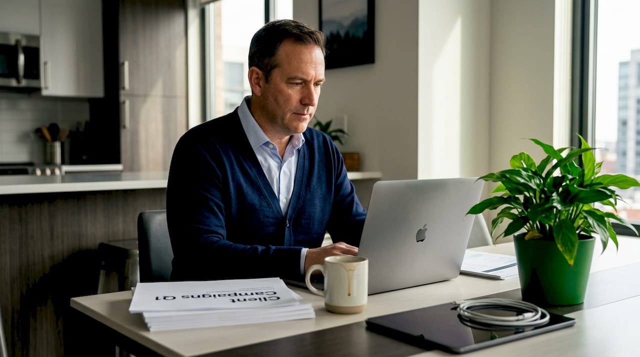 Consultant at dining table using email automation