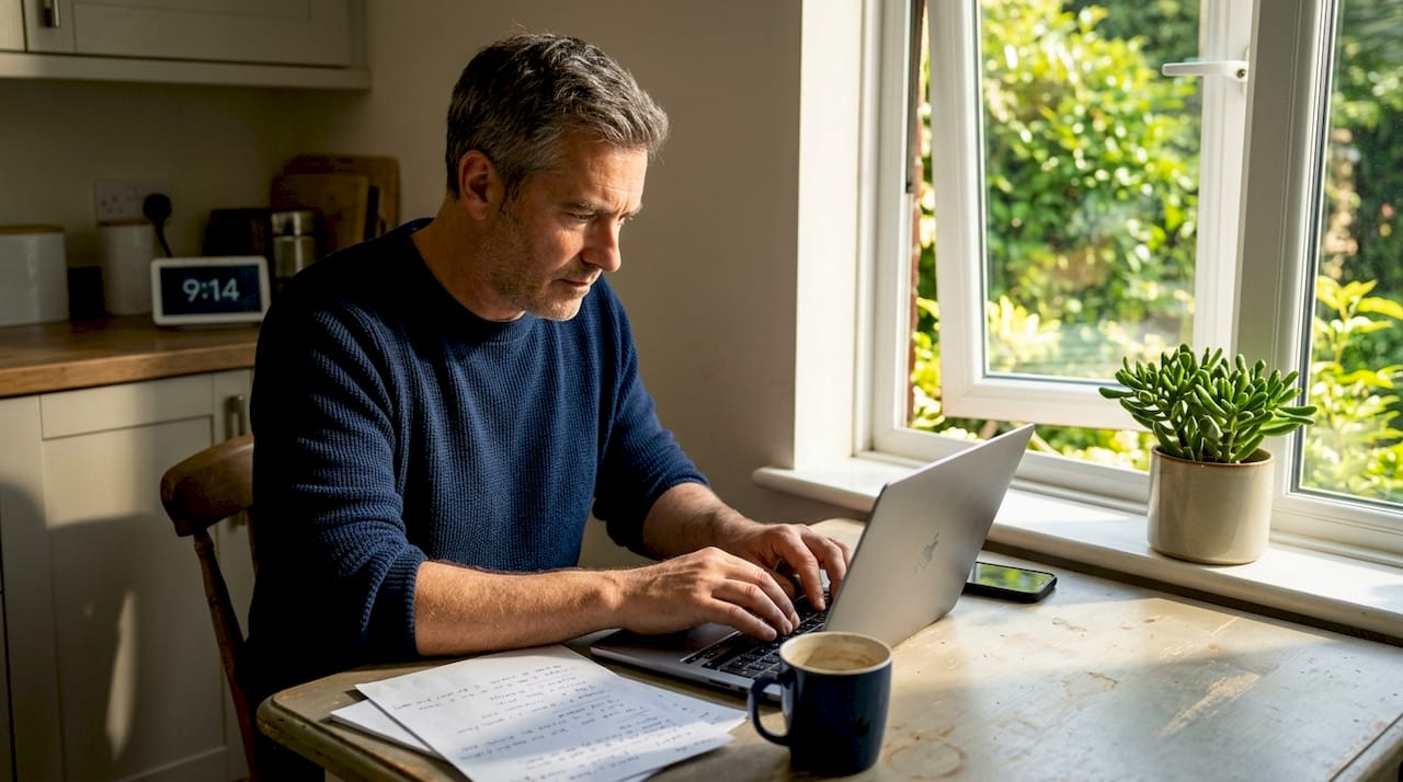 Man sending sales follow-up email at kitchen table