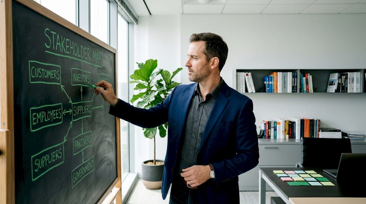 Consultant mapping stakeholders on whiteboard