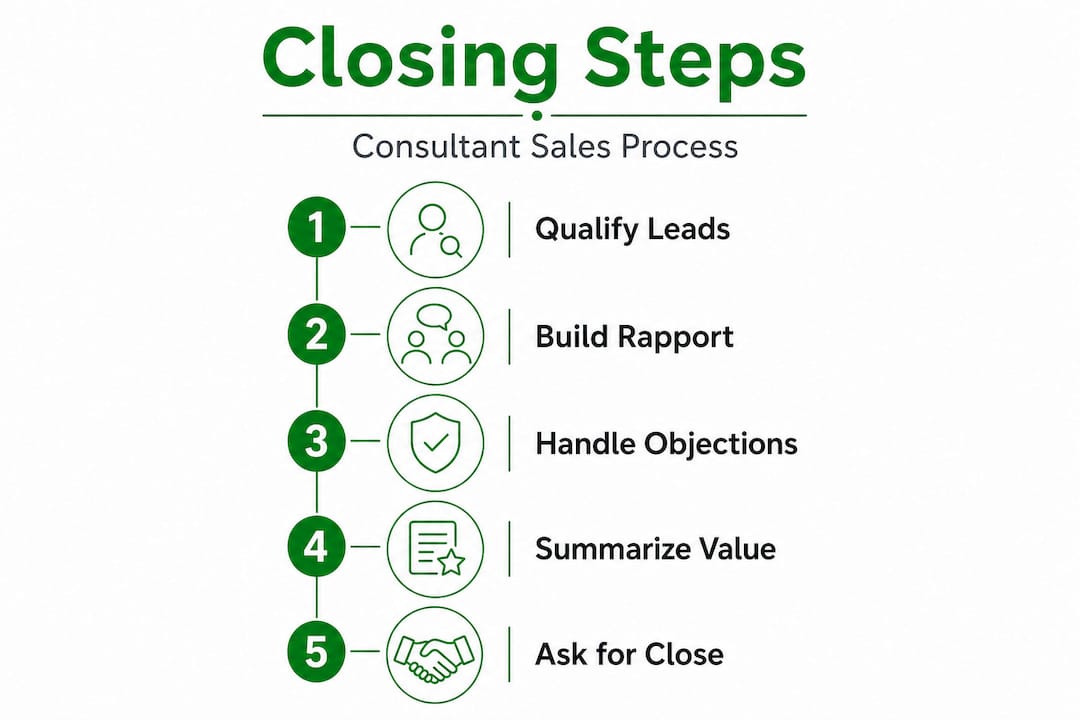 Infographic outlining consultant sales closing steps