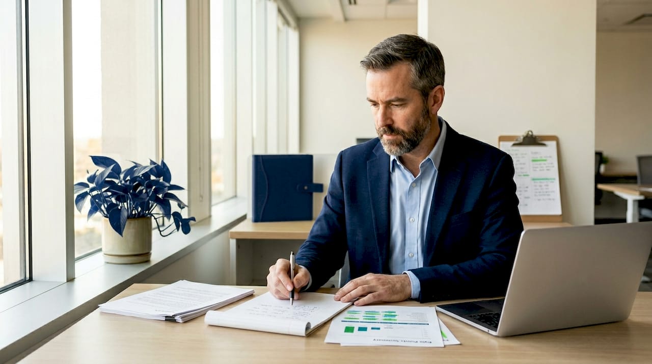 Business owner reviewing notes in home office