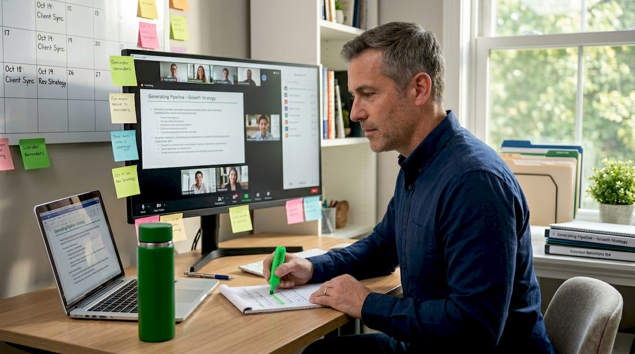 Consultant on video call in organized home office