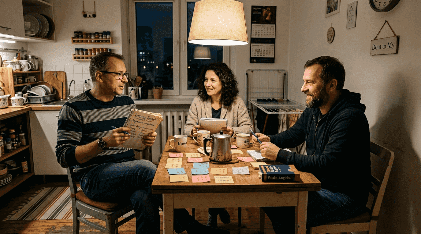 Dorośli uczą się angielskich zwrotów w mieszkaniu.