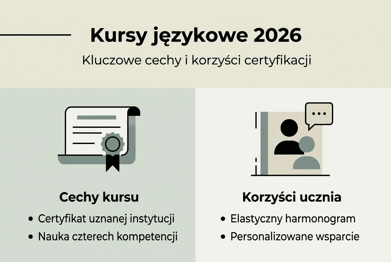 Infografika prezentująca najważniejsze zalety i unikalne cechy kursów językowych