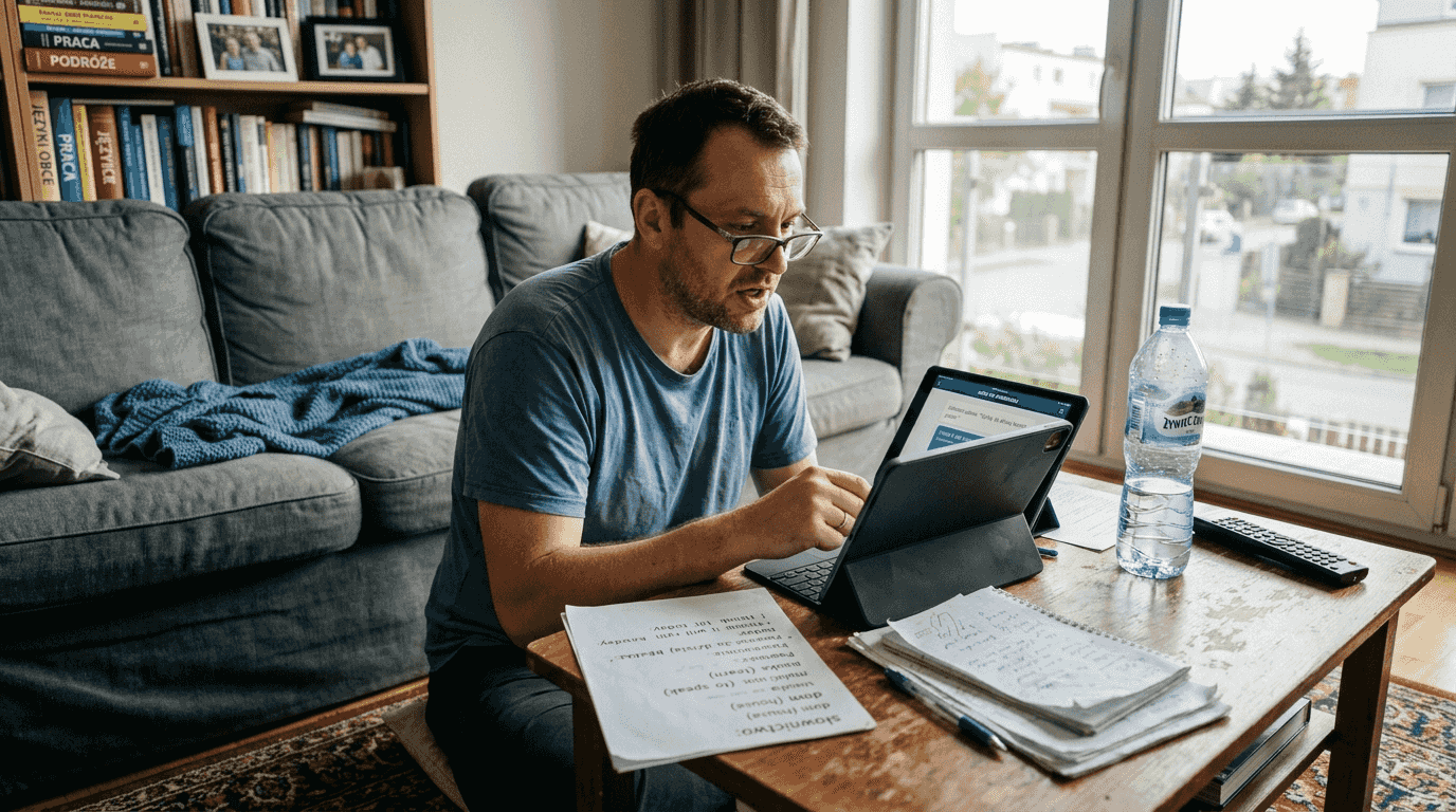 Mężczyzna uczy się angielskiego, rozmawiając z chatbotem opartym na sztucznej inteligencji.