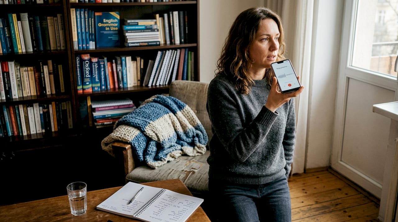 Kobieta ćwiczy angielski w swoim salonie.