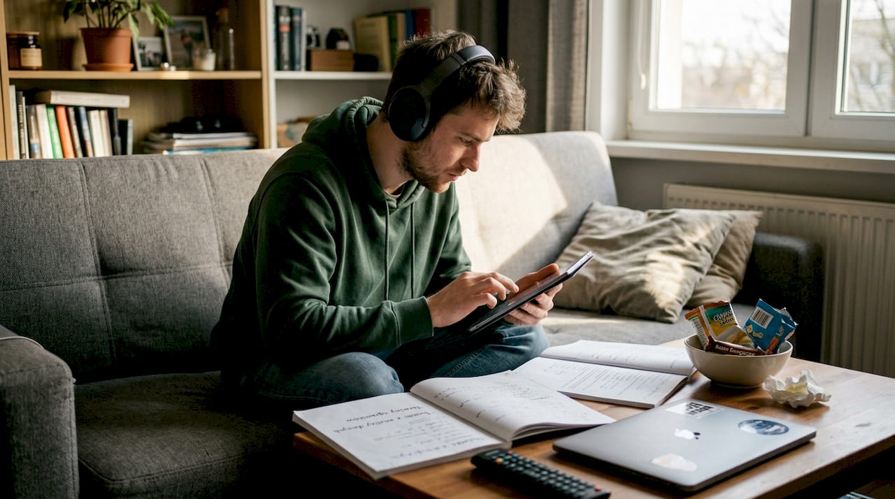 Mężczyzna siedzi wygodnie na kanapie i uczy się angielskiego na tablecie.