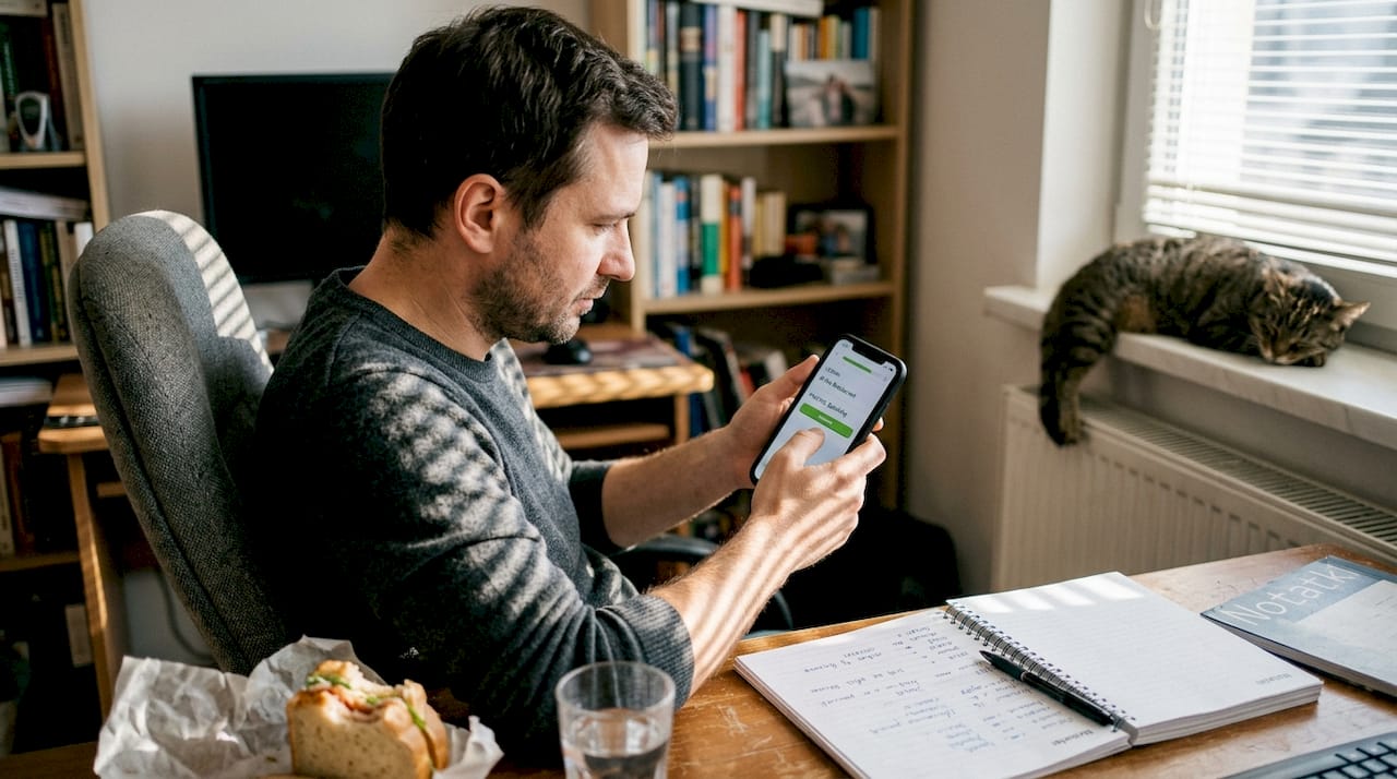 Mężczyzna uczy się angielskiego, siedząc przy biurku w swoim domu.