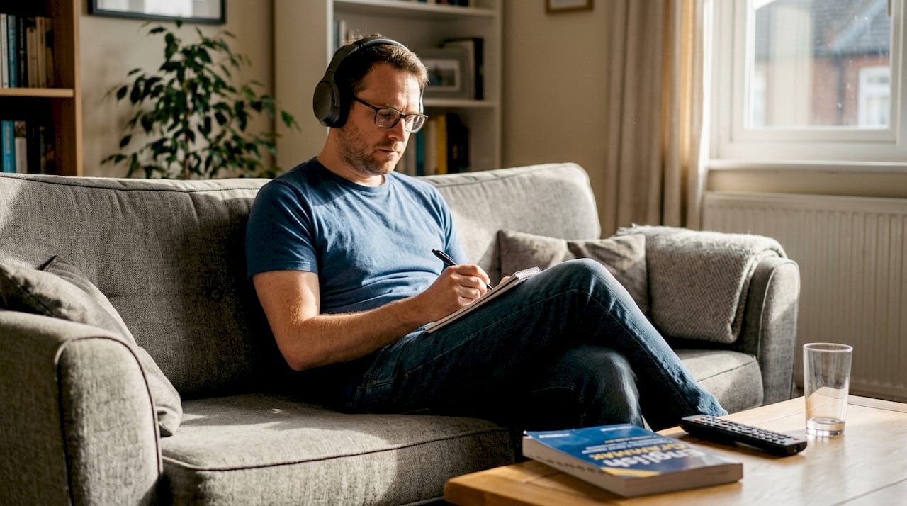 Mężczyzna relaksuje się w domu, słuchając podcastu po angielsku.