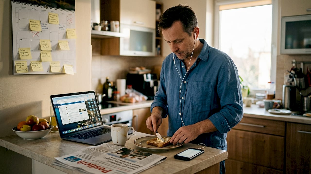 Mężczyzna ćwiczy angielski w kuchni przed wyjściem do pracy.