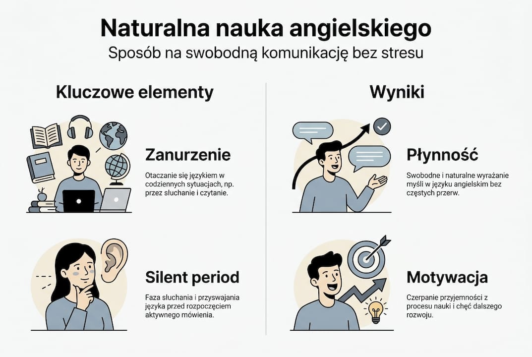 Grafika przedstawiająca najważniejsze aspekty nauki angielskiego w sposób naturalny